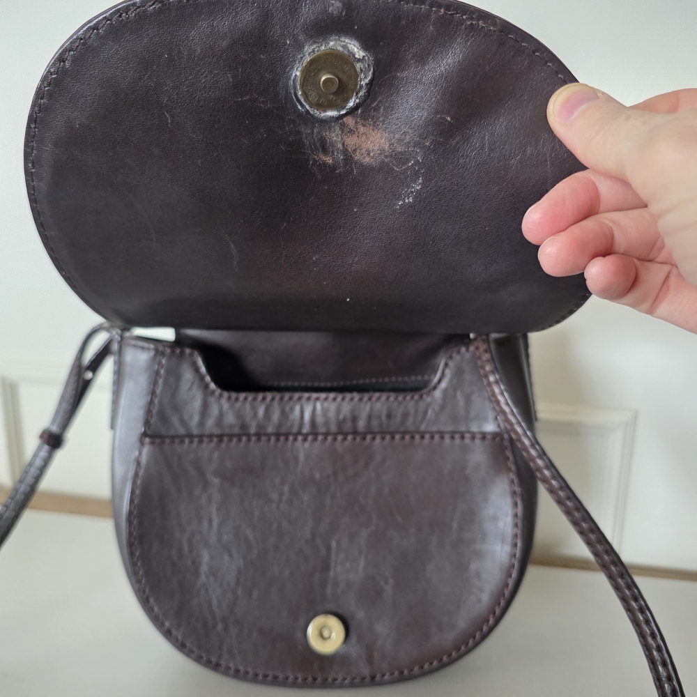 Minimal Dark Brown Leather Crossbody Saddle Bag - Pockets, Adjustable - Picture 8 of 14
